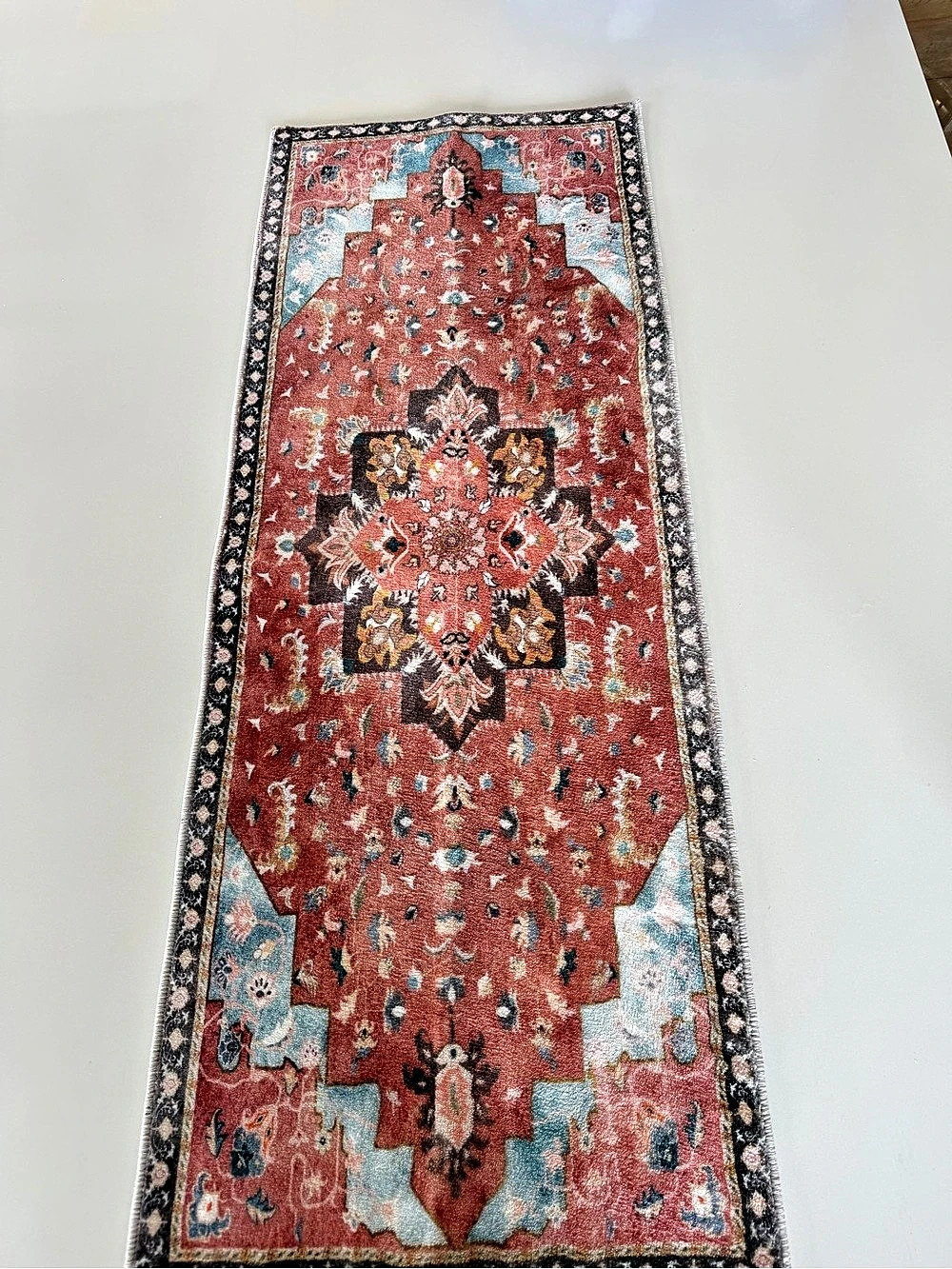 Red/Peach & Blue Geometric Runner Rug - Picture 2 of 4